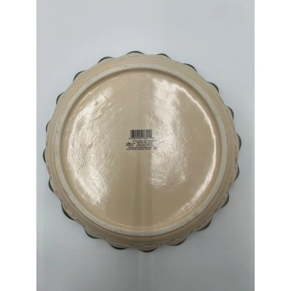 Russ Berrie Christmas Ceramic Pie Dish Scalloped Green Rim‎ Holiday Peace Joy
